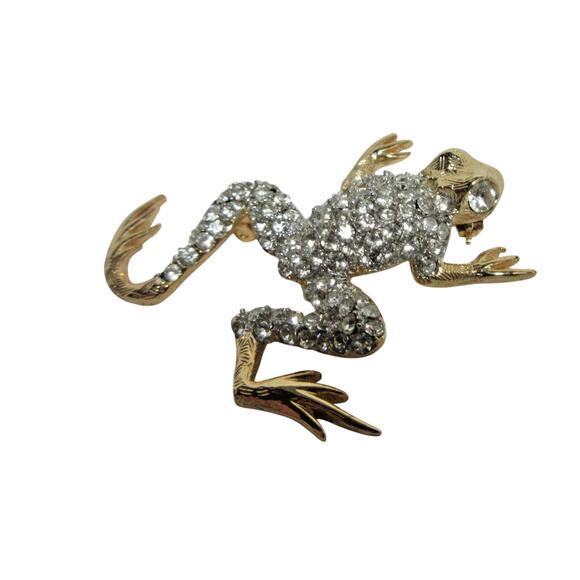 Gold Tone jewelry Clear Crystal Rhinestone Tiny Frog Toad Pin Brooch 2" - Picture 1 of 5
